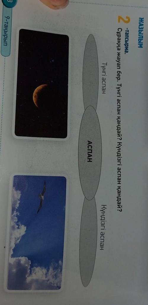 ЖАЗЫЛЫМ -тапсырма.2Сұраққа жауап бер. Түнгі аспан қандай? Күндізгі аспан қандай?Күндізгі аспанТүнгі