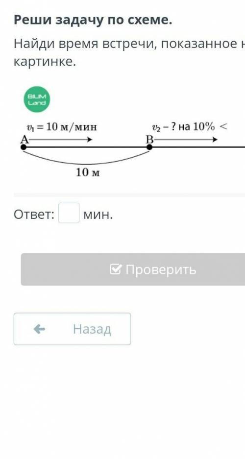 Реши задачу по схеме. Найди время встречи, показанное на картинке.￼ответ:мин.НазадПроверить​