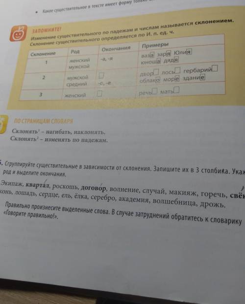 266. Сгруппируйте существительные в зависимости от склонения. Запишите их в 3 столбика. Укажите​