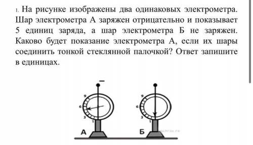 На рисунке изображены два одинаковых электрометра. Шар электрометра А заряжен отрицательно и показыв