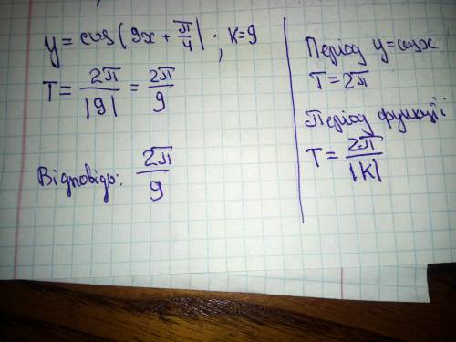 Визначте найменший додатний період функції y=cos (9x+π/4)