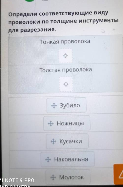 Определи соответствующие виду проволоки по толщине инструментыдля разрезания.Тонкая проволокаТолстая