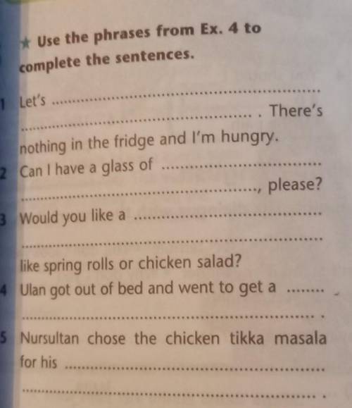 Complete the sentences. * Use the phrases from Ex. 4 to1.Let's.... There'snothing in the fridge and