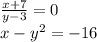 \frac{x + 7}{y - 3} = 0 \\ x - y { }^{2} = - 16