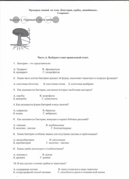 Проверка знаний по теме Бактерии, грибы, лишайники. вариант, Задание 1 Подпишите части гриба Част