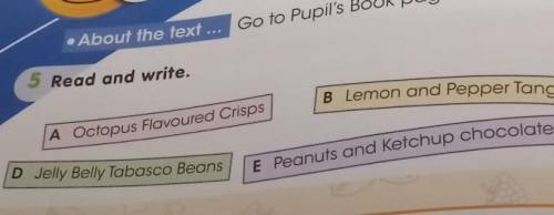 Read and write. /Octopus flavoured crisps/ /Lemon and pepper tang/ /Peanuts and ketchup chocolate/ /