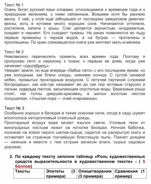 2. По каждому тексту заполни таблицу «Роль художественных средств выразительности в художественном т