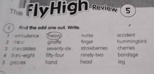 The Review 5FlyHighnurseheavyFind the odd one out. Write.1 ambulance Theavy2 rhinogiraffe finger3 ch