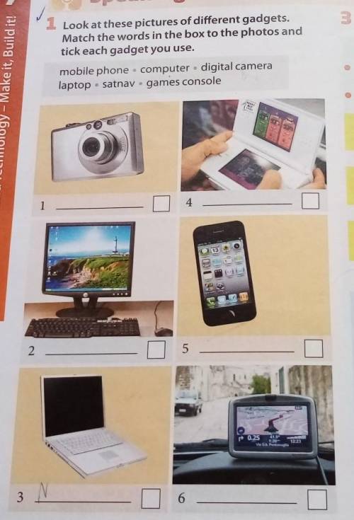 Look at these pictures of different gadgets. Match the words in the box to the photos andtick each g