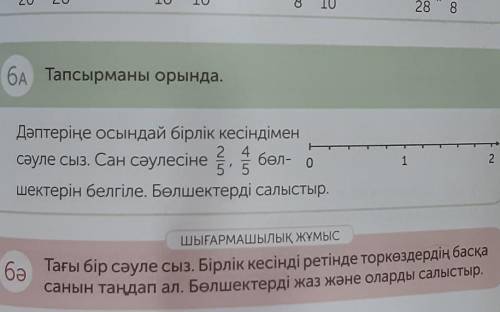 6. Тапсырманы орында. Дәптеріңе осындай бірлік кесіндіменсәуле сыз. Сан сәулесіне 2 бөл-шектерін бел