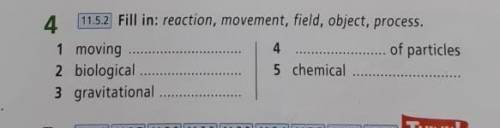 4 11.5.2 Fill in: reaction, movement, field, object, process. 1 moving ..4 of particles2 biological