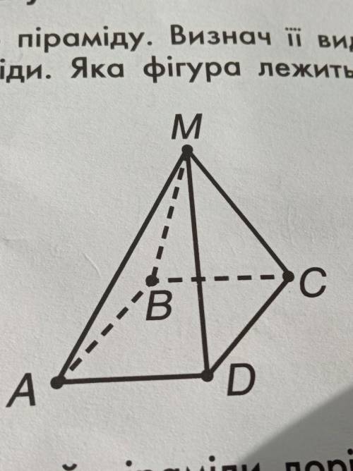 На рисунке показано пирамида. Визнач её вид. Запиши вершины основы, ребра и грани пирамиды. Какая фи