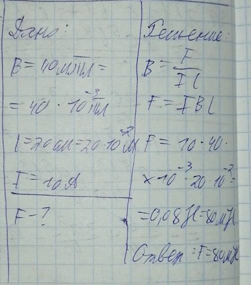 С какой силой действует однородное магнитное поле с индукцией 40 мТл на прямолинейный проводник длин