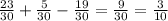 \frac{23}{30} + \frac{5}{30} - \frac{19}{30} = \frac{9}{30} = \frac{3}{10}