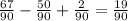 \frac{67}{90} - \frac{50}{90} + \frac{2}{90} = \frac{19}{90}