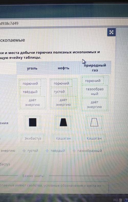 Определи свойства знаки и места добычи горючих полезных ископаемых и поместить в соответствующую яче