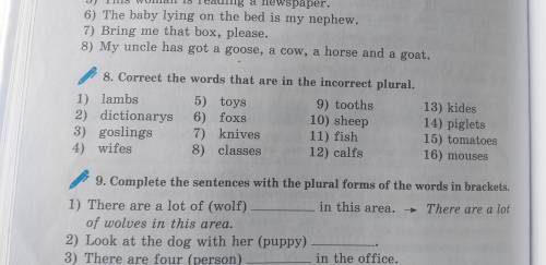 Correct the words that are in the incorrect plural. 1)lambs 2)dictionaryz 3)goslings 4)wife 5)toys 6