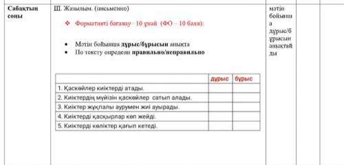 ІІІ. Жазылым. (письменно)  Формативті бағалау– 10 ұпай (ФО – ):  Мәтін бойынша дұрыс/бұрысын анықт