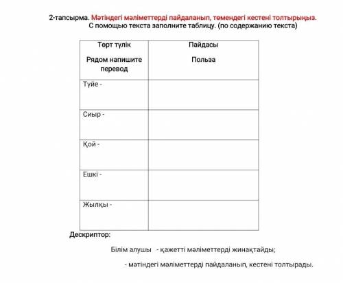 1-тапсырма. Мәтіннен сын есімдерді теріп жазыңдар. Найдите в тексте прилагательные и запишите.2-тапс