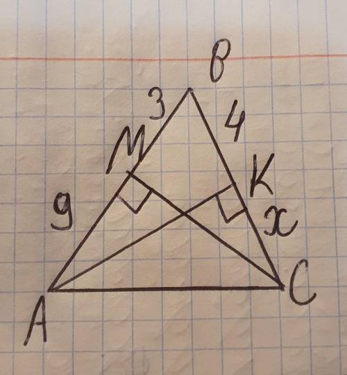 Дан треугольник ABC. MC и AK- его медианы. AB= AM+MB= 9+3=12. BC=BK+KC=4+x. Найдите KC.​