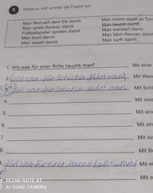 5 Ordne zu und schreib die Fragen auf.Man fährt auf dem Eis damit.Man spielt Hockey damit.Fußballspi