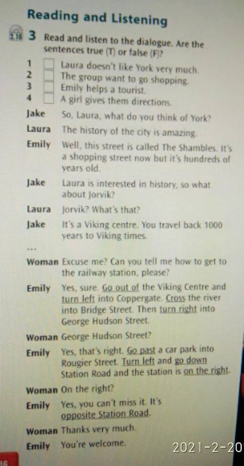 Reading and Listening 2.16 3 Read and listen to the dialogue. Are thesentences true (T) or false (F)