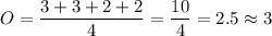 O=\dfrac{3+3+2+2}{4}=\dfrac{10}{4}=2.5\approx3