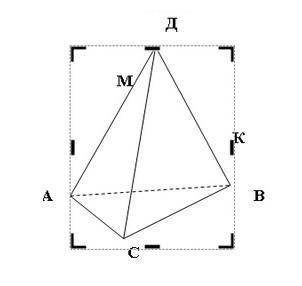 2. В тетраэдре ДАВС точка М лежит на ребре АВ, а точка К на ребре ДВ (рис. 3). Точка пересечения пря
