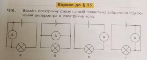 Вкажіть електричну схему на якій правильно зображено підключення амперметра в електричне коло ​