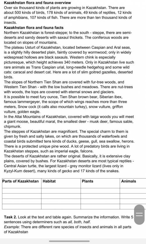 Task 1. Read the text and complete the table with information from the text. Kazakhstan flora and fa