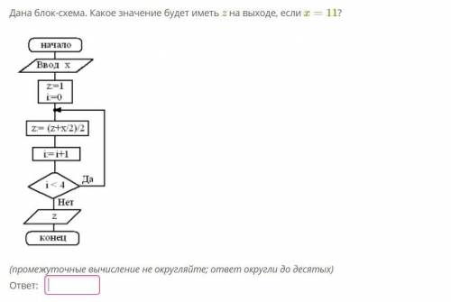 Дана блок-схема. Какое значение будет иметь z на выходе, если x=11?