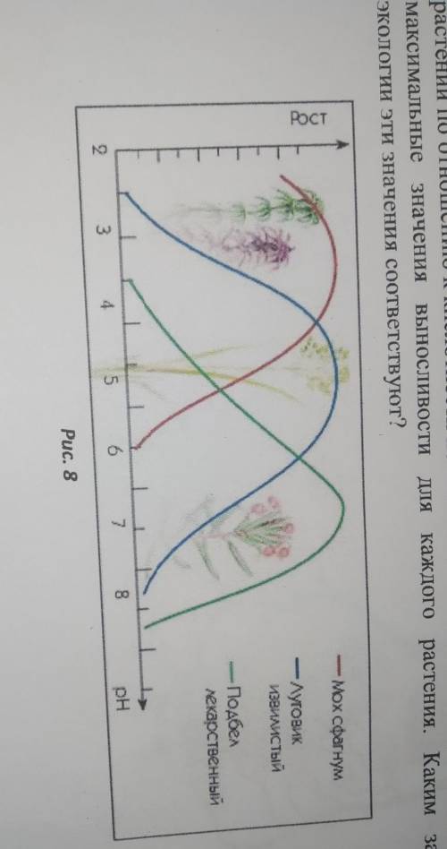 На рисунке график , отображающий степень выносливости разных растений по отношению к кислотности поч