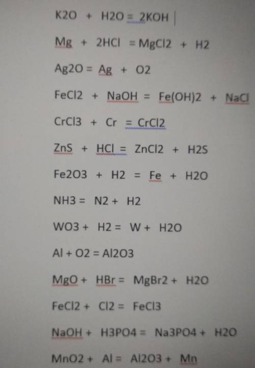 K20 + H20 = 2KOH Mg + 2HCl = MgCl2 + H2Ag20 = Ag + 02FeCl2 + NaOH =Fe(OH)2 + NaClCrCl3 + Cr = CrCl2I