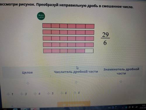 Онлайн мектеп. Расмотри рисунок. Преобразуй неправильную дробь в смешаное число