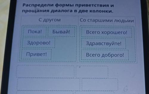 Распредели формы приветствия и прощания диалога в две колонки.С другомСо старшими людьмиПока!Бывай!В