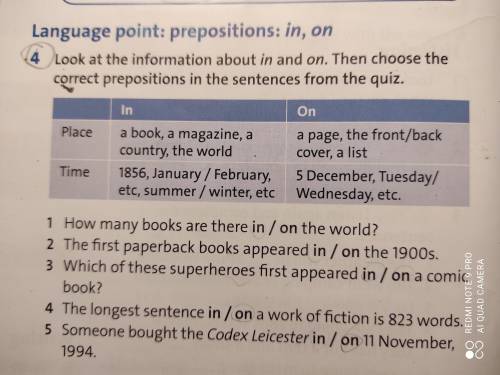 Language point: prepositions: in, on 4 Look at the information about in and on. Then choose the corr