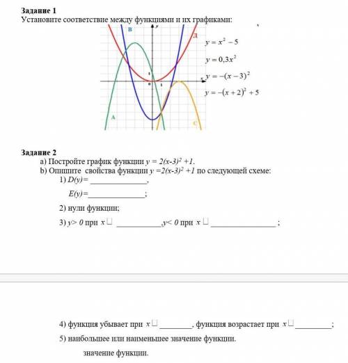 Задание 1Установите соответствие между функциями и их графиками: y=x²-5y=0,3x²y=-(x-3)²y=-(x+2)²+5За