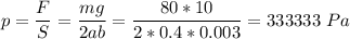 p = \dfrac F S = \dfrac{mg}{2ab} = \dfrac{80*10}{2*0.4*0.003} = 333333~Pa