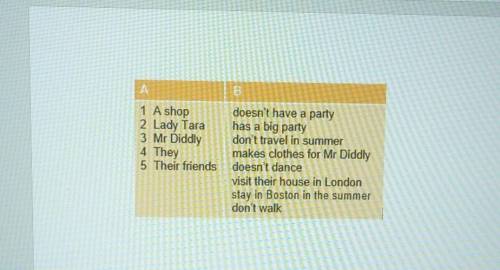 A B1 A shop2 Lady Tara3 Mr Diddly4 They5 Their friendsdoesn't have a partyhas a big partydon't trave