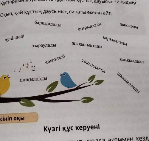 2. Оқып, қай құстың даусының сипаты екенін айт, баркылдадынакарамряладыаупiлдедіКаркаллалаатыраулады