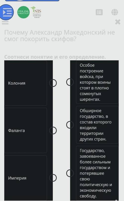 Тема. Почему Александр Македонский не смог покорить скифов(соотнеси понятие и его предложение) ​