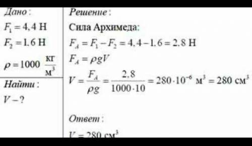 При взвешивании тела в воздухе динамометр показывает 1,4 Н, а в воде 0,6 Н. Определите объем тела. о