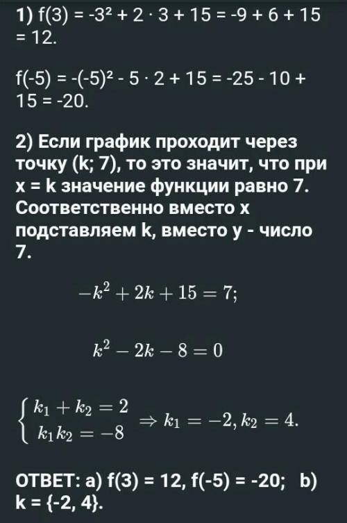 Дана функция f(x)=-x²+2x+9 a) Найдите значение функции f(3), f(-5)Известно что график функции проход