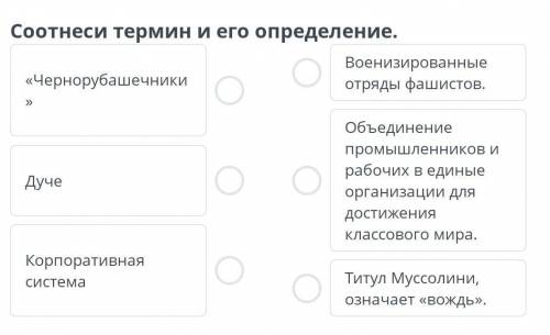 Соотнесите термин и его определение чернорубашечники военные отряды фашистов дутья объединение промы