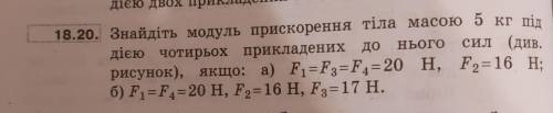 Физика, задача. Знайдіть модуль прискорення тіла масою 5 кг під дією чотирьох прикладених сила) F1=F