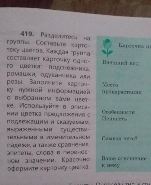 Карточка цветка Внешний видМестопроизрастания419. Разделитесь нагруппы. Составьте карто-теку цветов.