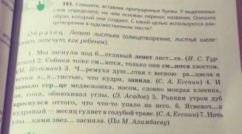 393. Спишите, вставляя пропущенные буквы. У выделенных слов определите, на чем основан перенос назва