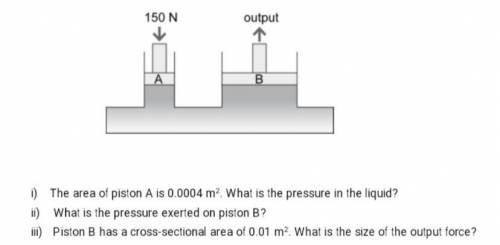 The area of piston A is 0.0004 m2. What is the pressure in the liquid? What is the pressure exerted