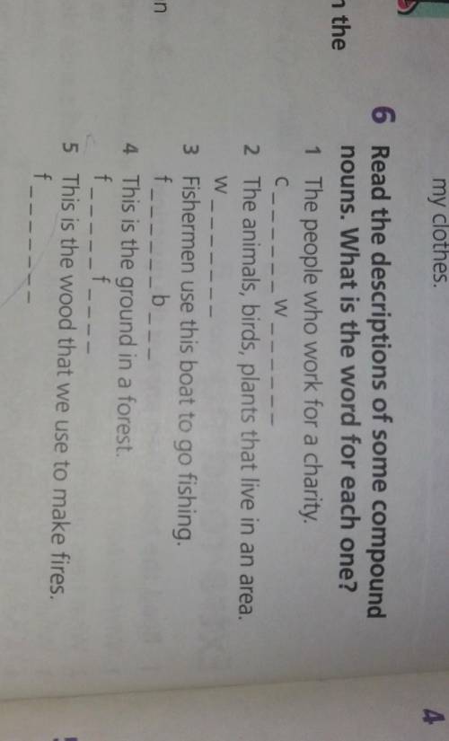 1.The people who work for a charity. CW. 2.The animals, birds, plants that live in an area. W3.Fishe