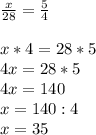 \frac{x}{28}= \frac{5}{4} \\\\x*4=28*5\\4x=28*5\\4x=140\\x=140:4\\x=35